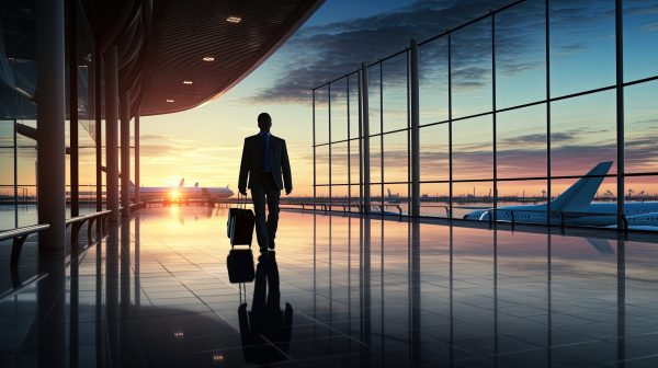 Businessman strolling at the airport. silhouette concept